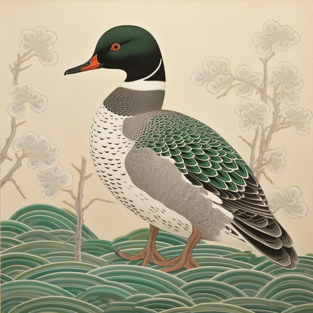 Ohara Koson Inspired Bird Painting Wood Duck 1 Square