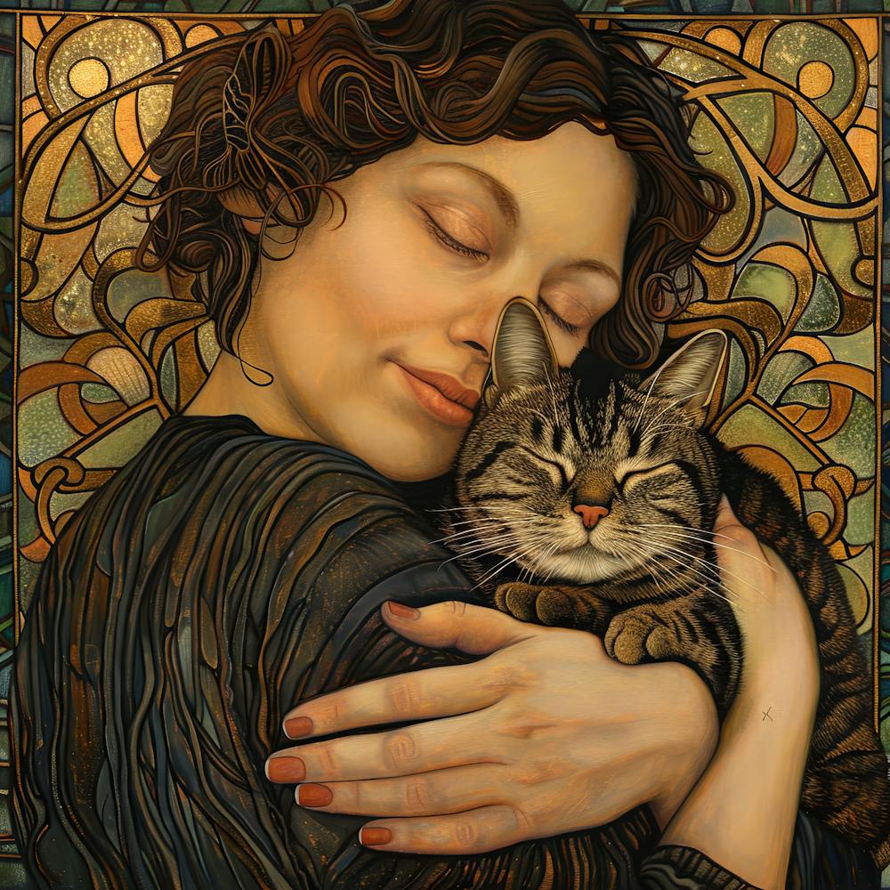 Woman with her Beloved Cat in Style of Art Nouveau 5