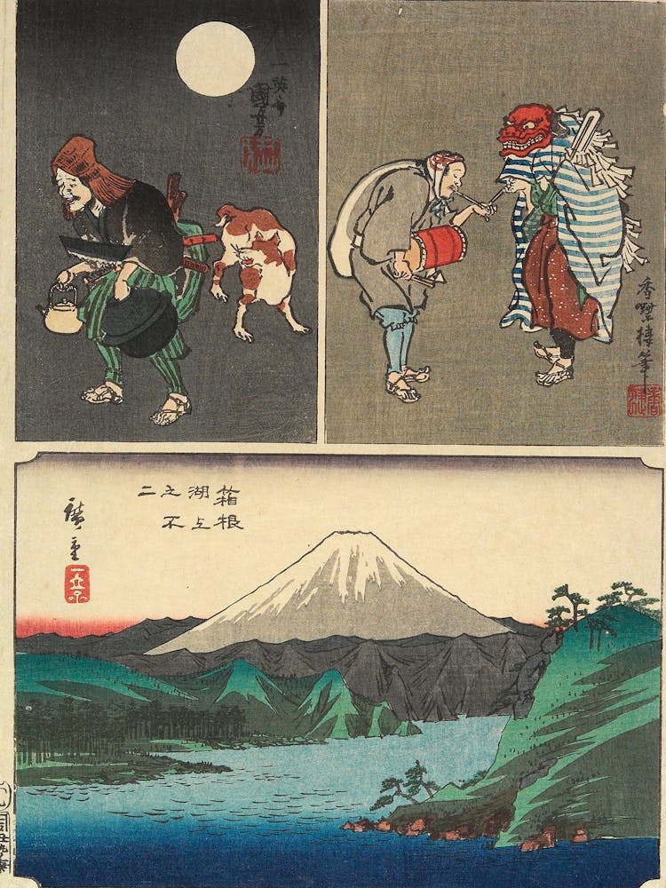 Mt. Fuji Seen Over the Lake at Hakone and two Other Images. Original from the Minneapolis Institute of Art.