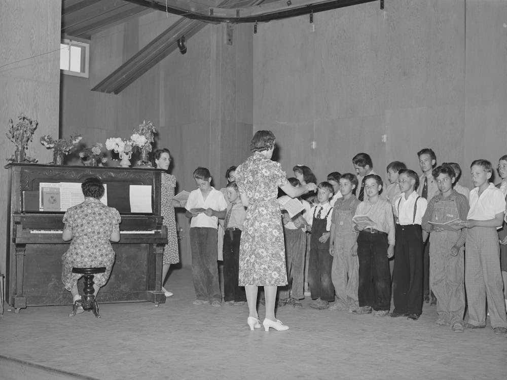 Schoolchildren And Their Teacher In Program At The End Of School Term, Fsa (Farm Security Administration) Labor