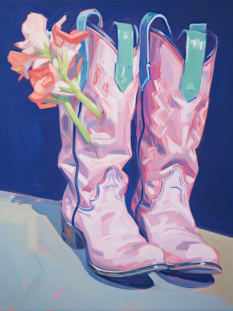 A Painting Of Cowboy Boots With Pink Flowers, Fauvist Style, Still Life 7