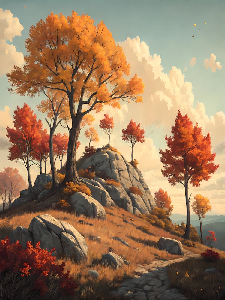 Arbres d'automne sur colline rocheuse - Stylisation vintage