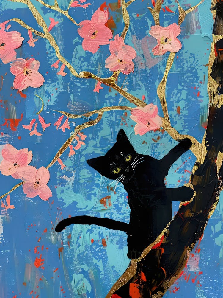 Cat Print Coral Cherry Tree Blossom Still Life Funny