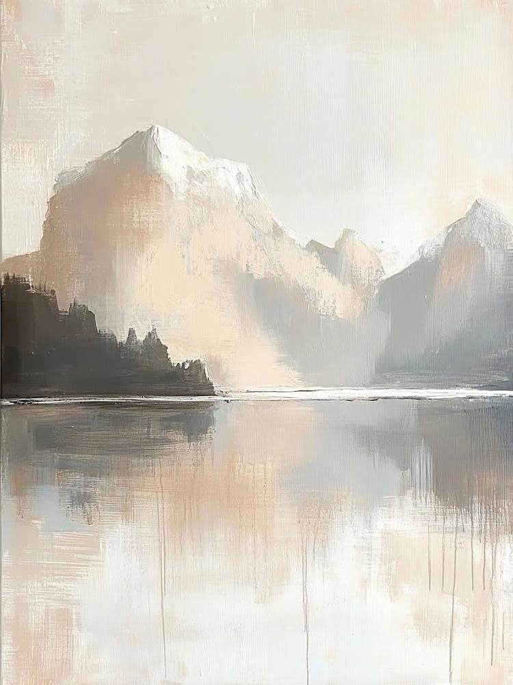 Contemporary Painting, Mountain Landscape, Abstract Art In A Calm Beige And White Color Palette