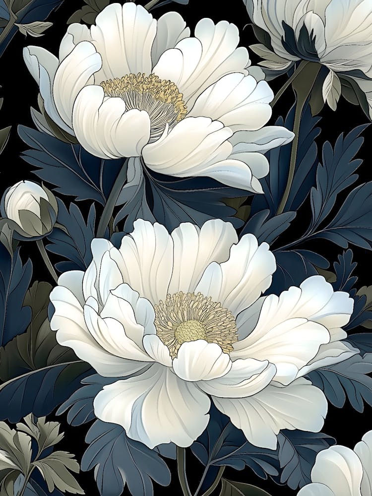 White Peonies On Black Background