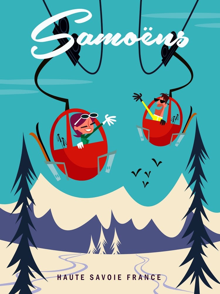 Samoens Vercland Gondola Poster Blue & White