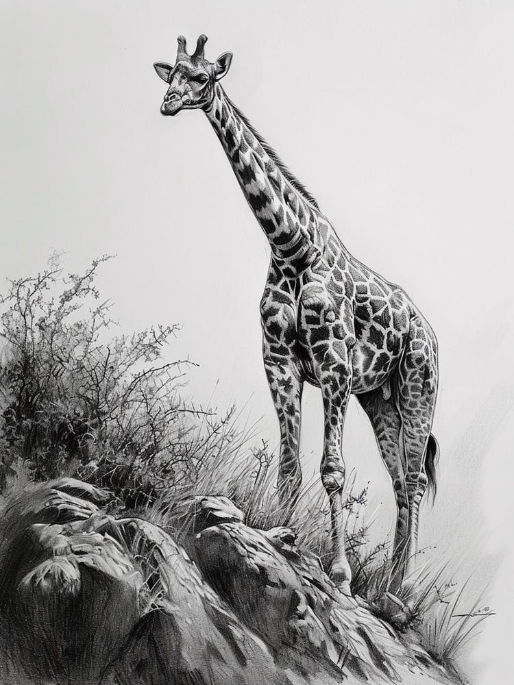 Giraffe On The Cliff Edge Pencil Drawing 2