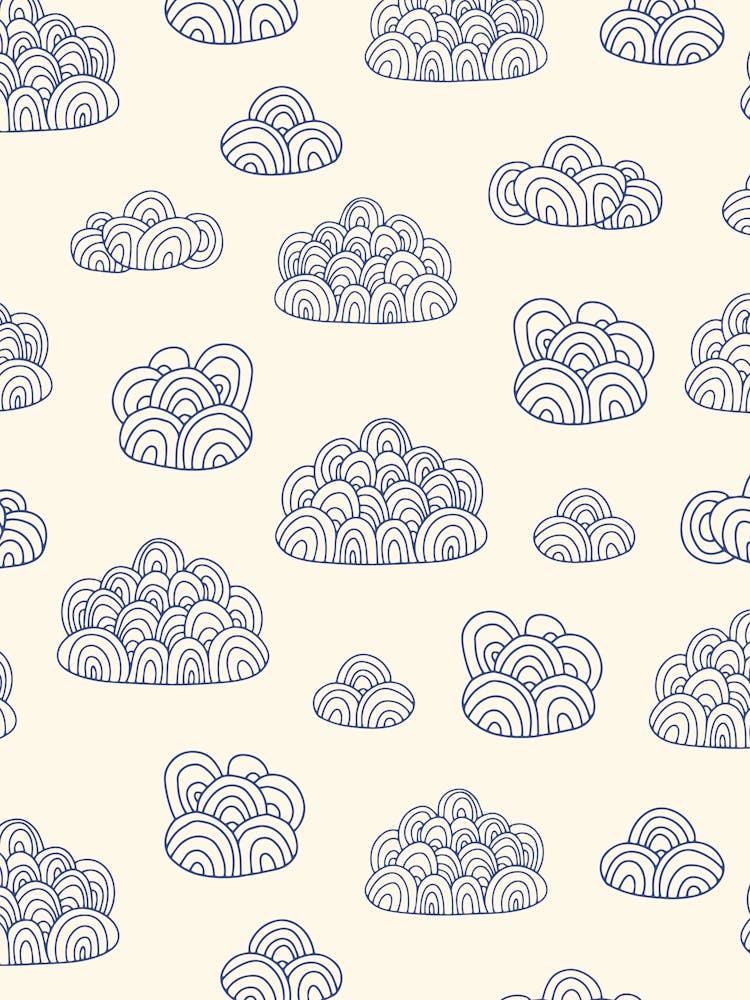 Fluffy Abstract Doodle Line Art Clouds Navy Blue on White