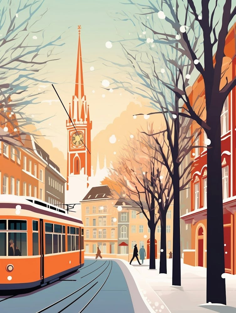 Vintage Winter Travel Illustration Munich Germany 4
