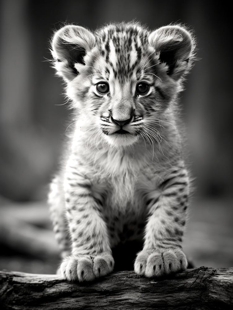 Black And White Photograph Of A Lion Cub