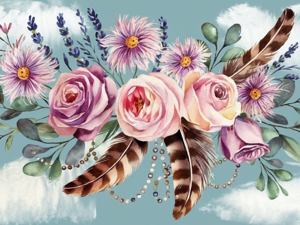 Beautiful Painted Flowers, Boho Art, Feathers and Beads