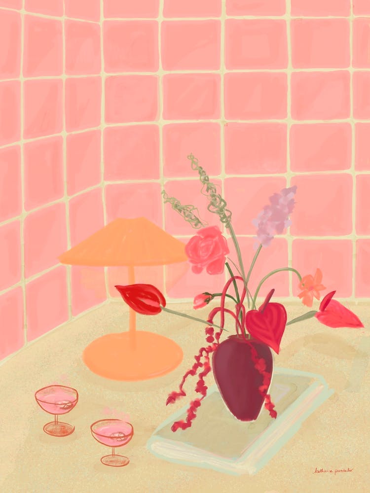 Pink Room With Vase Of Flowers And Champagne Glasses