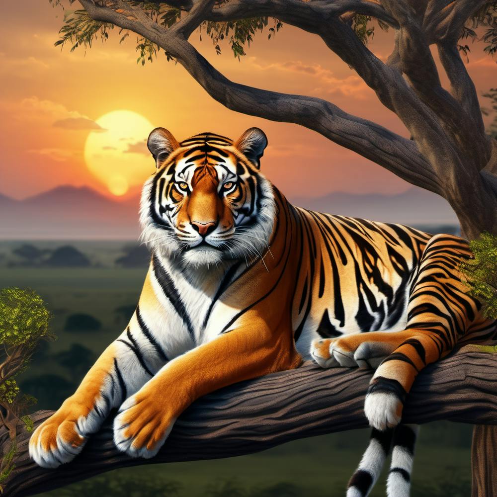 Savana ,tiger, sunset, trees, 