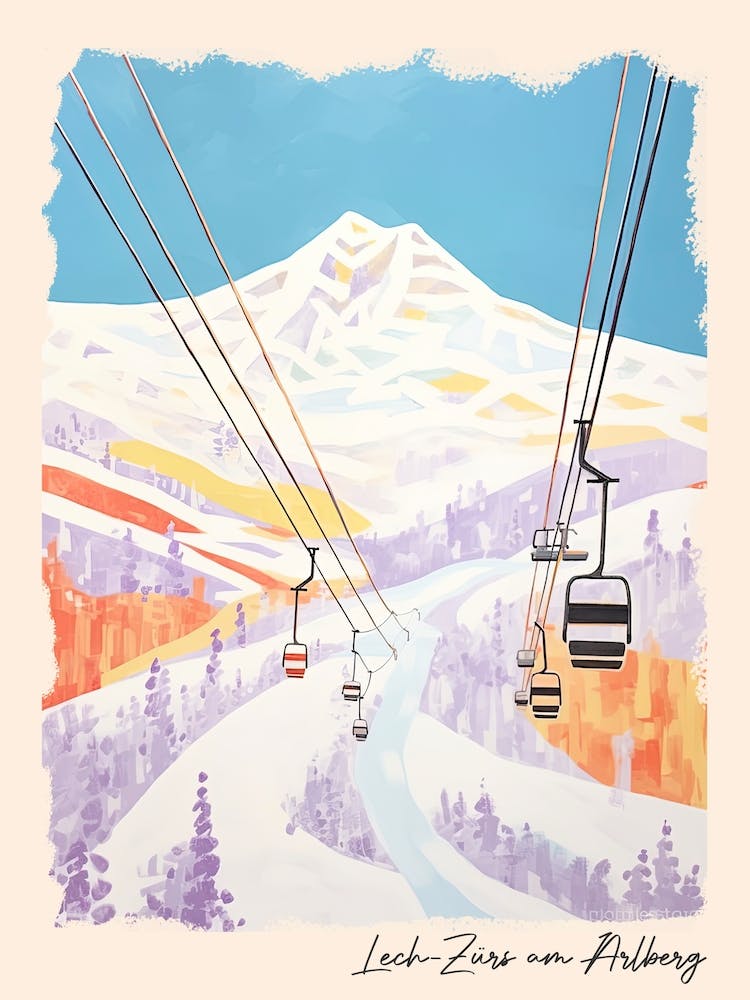 Poster Of Lech Zurs Am Arlberg   Austria, Ski Resort Pastel Colours Illustration 1