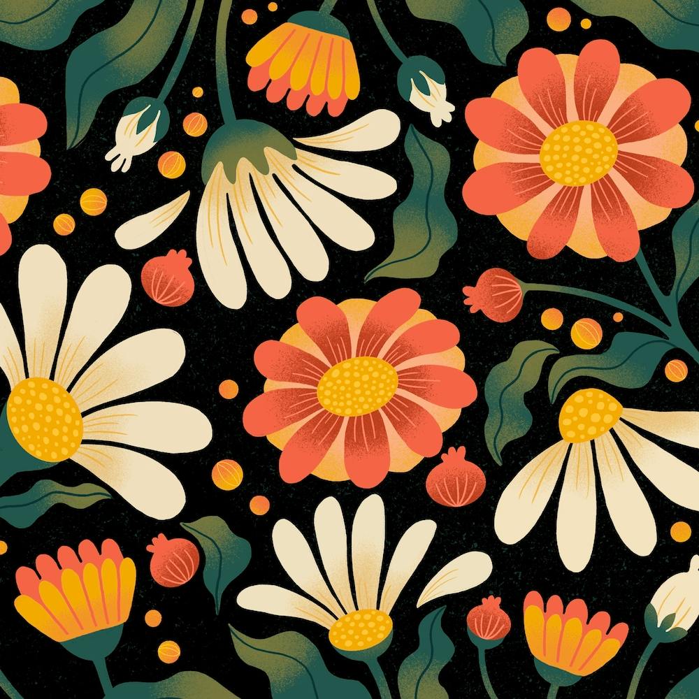 Retro Daisies In Black Square