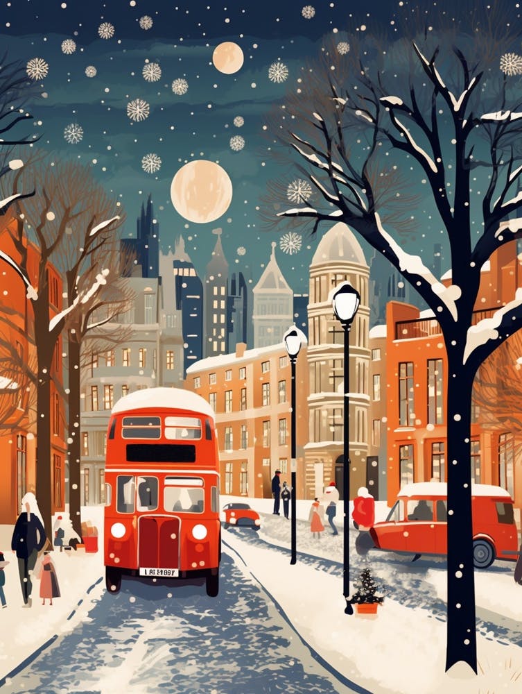 Winter Travel Night Illustration London United Kingdom 6