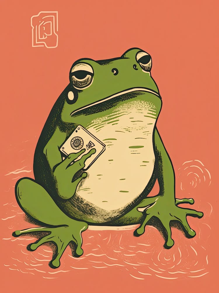 Frog With A Card, Matsumoto Hoji Inspired Japanese Green And Pink 5
