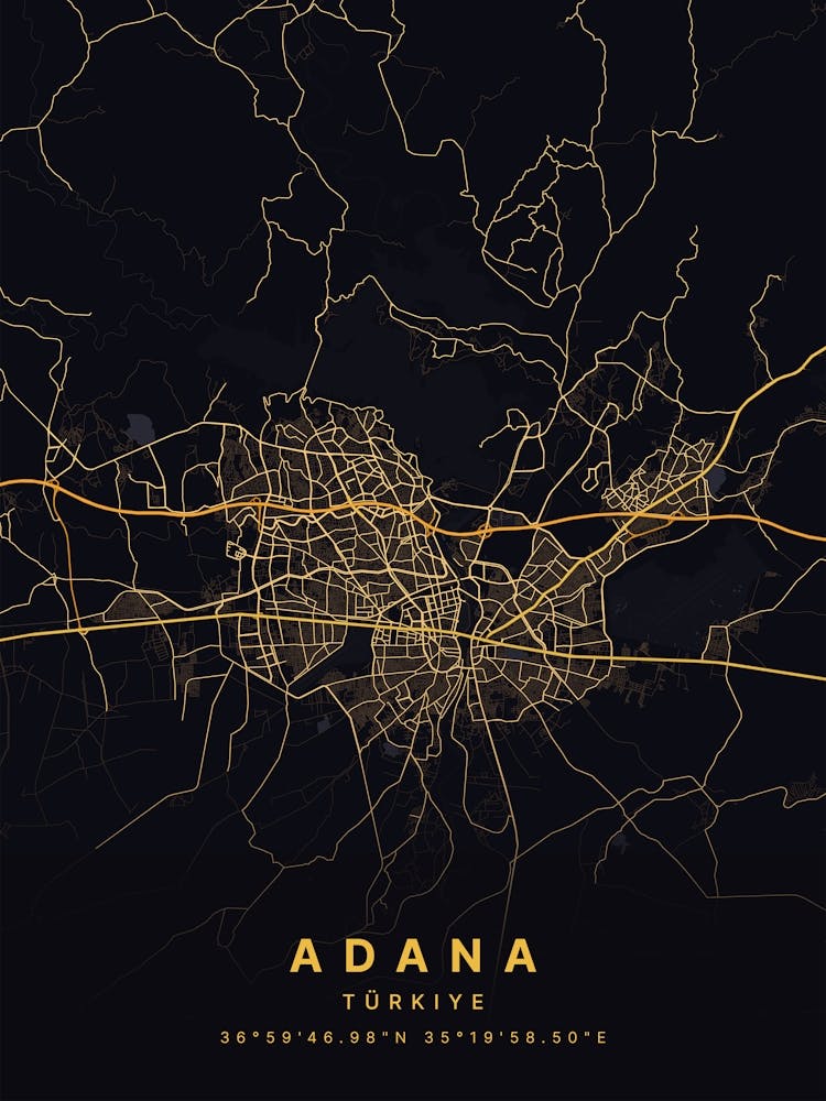 Adana Turkey Ablack And Gold Map