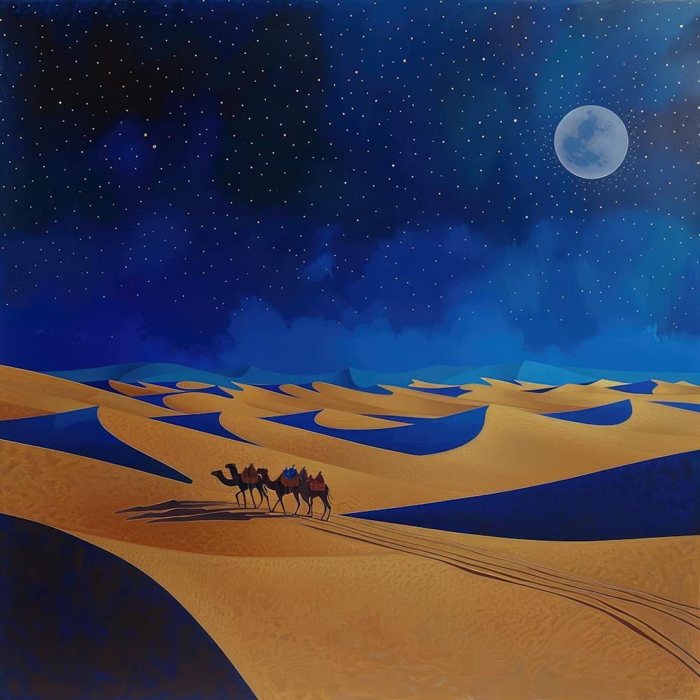 A Moonlit Desert Caravan. David Hockney Style 2