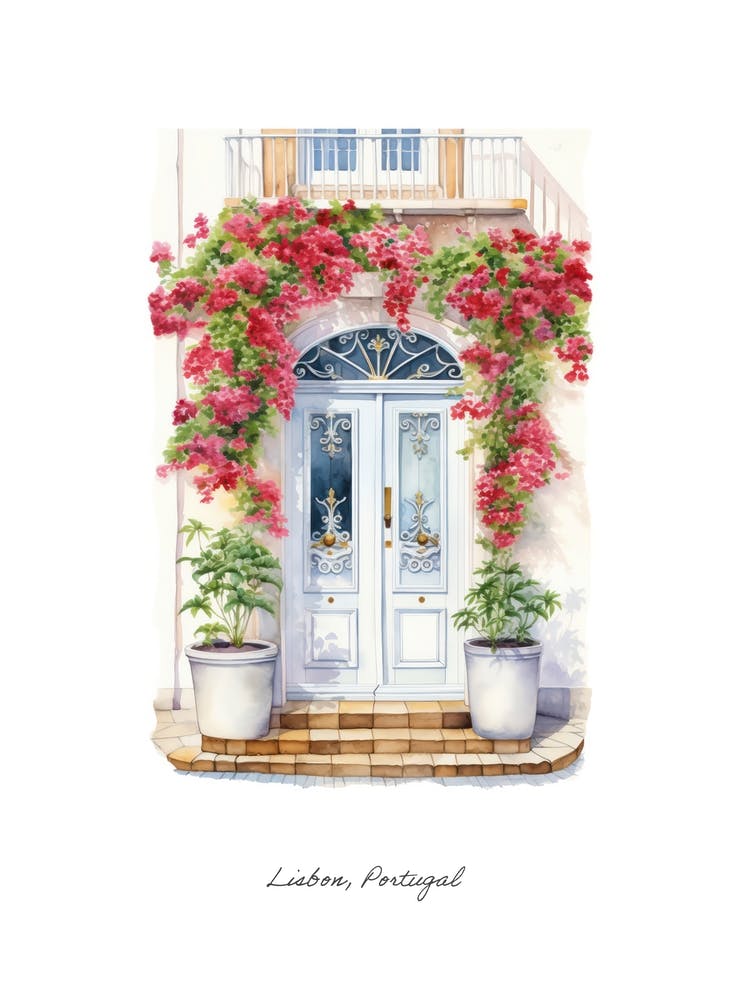 Lisbon, Portugal   Mediterranean Doors Watercolour Painting 2 Poster