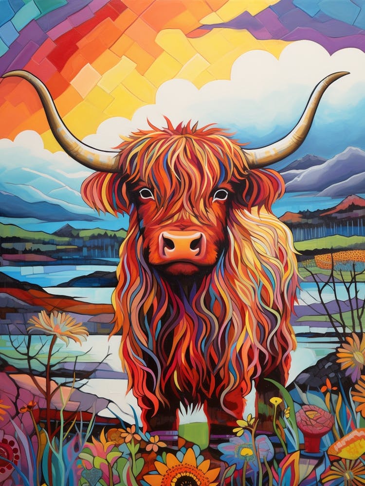Colourful Patchwork Illustration Of Highland Cow