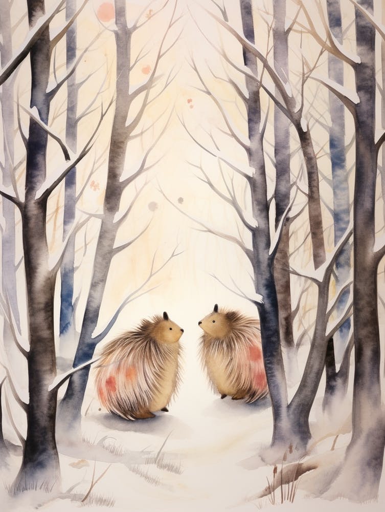Winter Watercolour Porcupine 1
