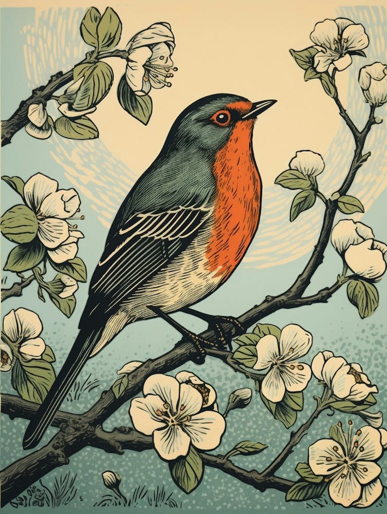 Vintage Bird Linocut European Robin 4