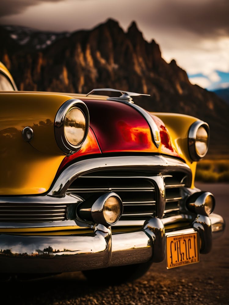 Classic Car Parked In Front Of Mountains