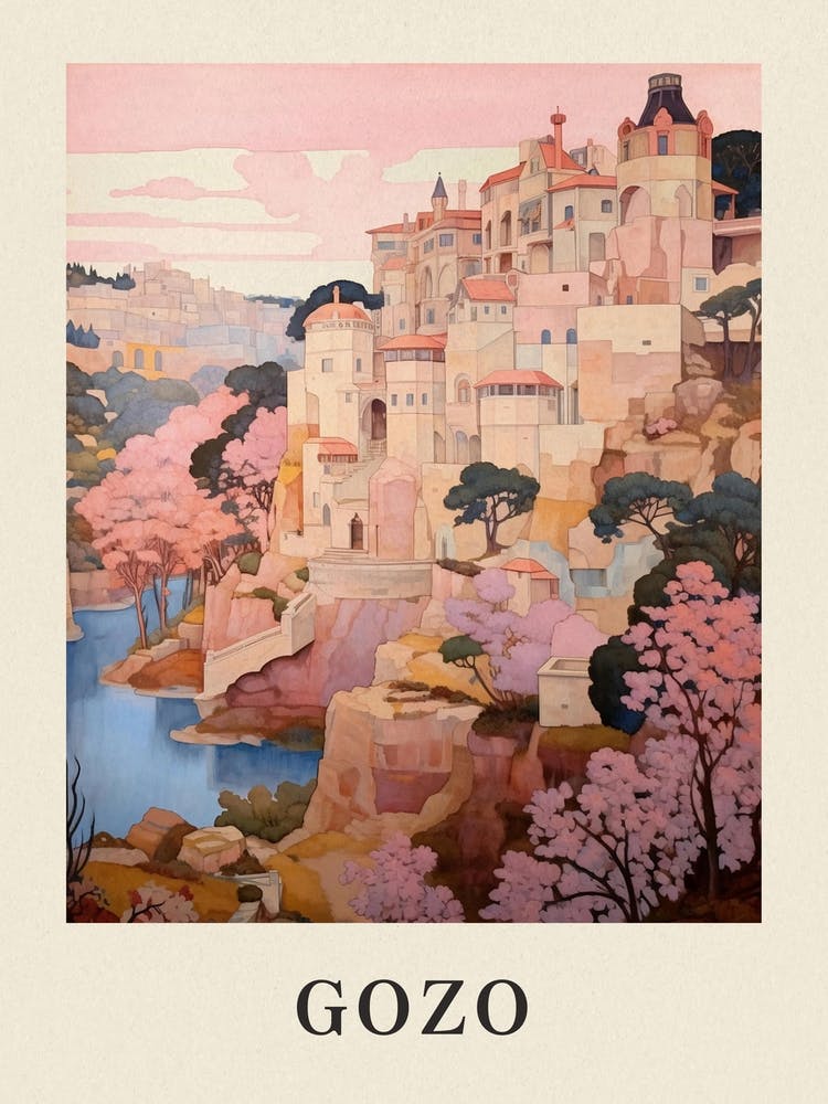 Gozo Malta 3 Vintage Pink Travel Illustration Poster