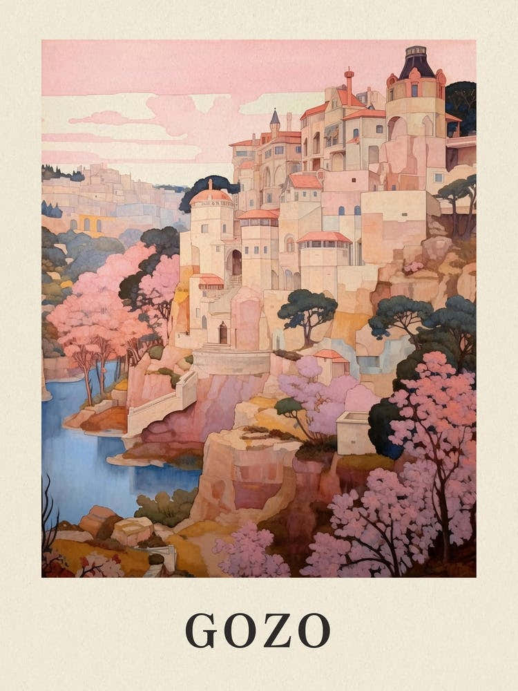 Gozo Malta 3 Vintage Pink Travel Illustration Poster