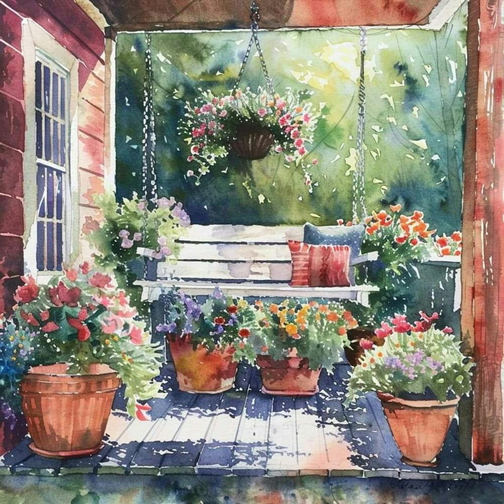 The Porch at The Farmhouse | Swing and Potted Plants Watercolor Painting | Idyllic Country Living Home Sweet Home Americana