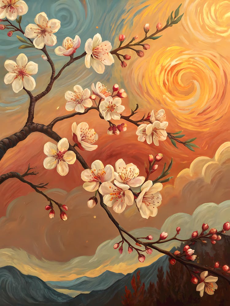 Van Gogh Cherry Blossom Art Spring Sunset Landscape