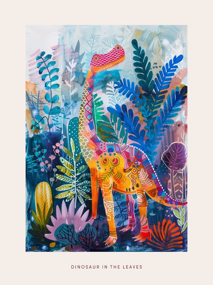 Colourful Dinosaur Leaf Patterns Painting Poster