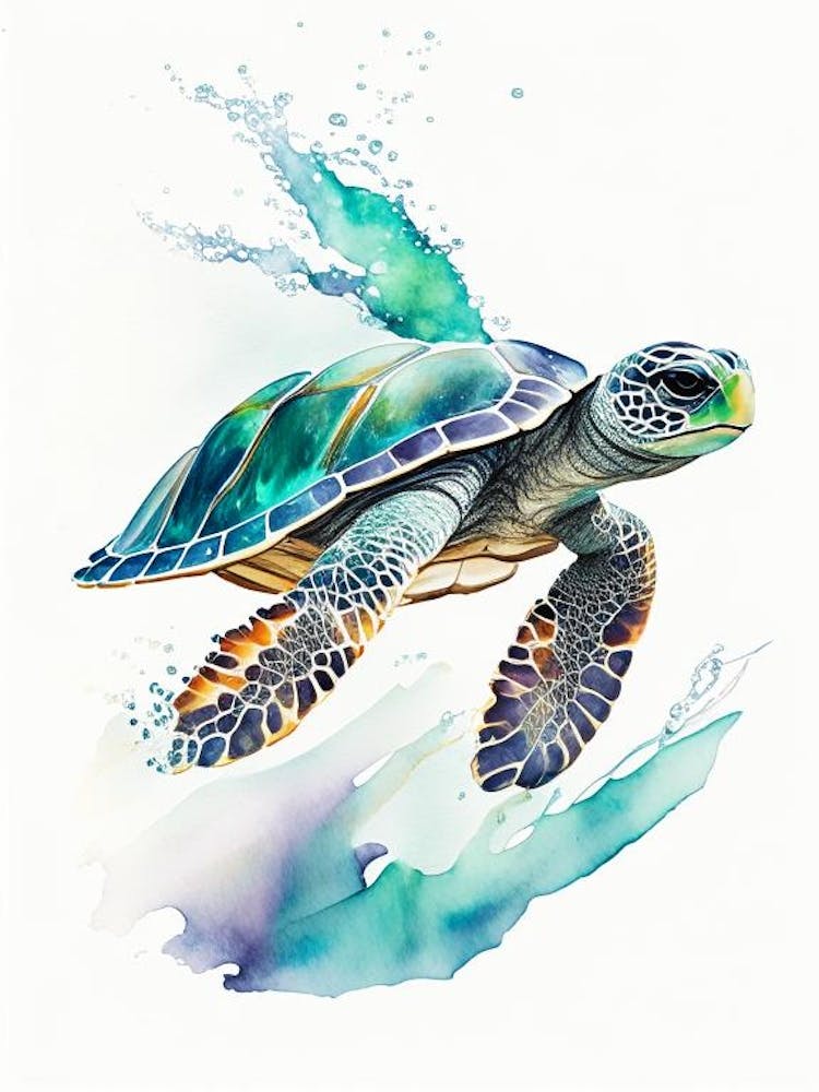 Sea Turtle In Motion, Sea Turtle Watercolour 1