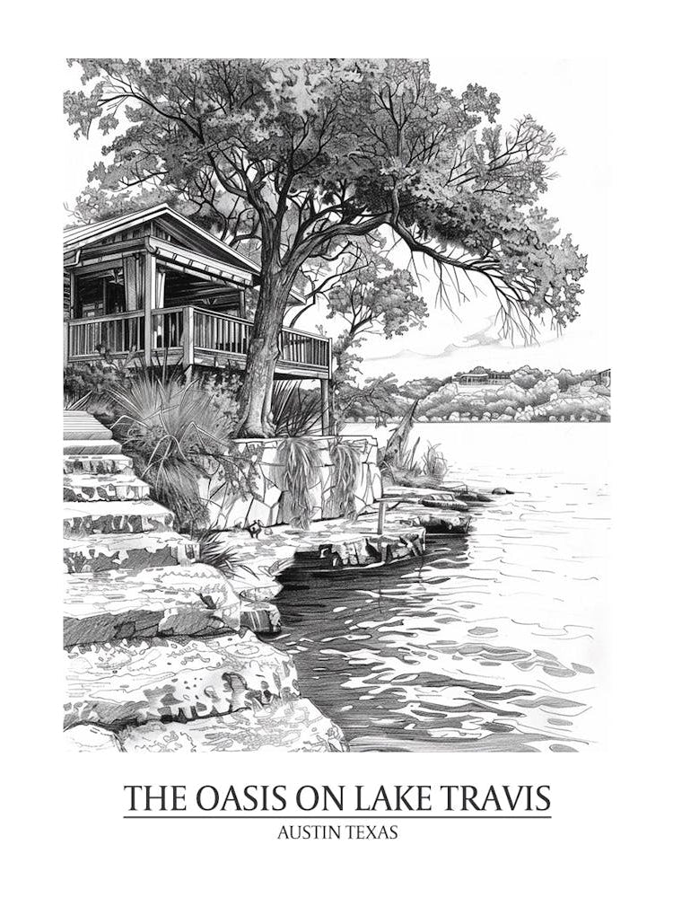 The Oasis On Lake Travis Austin Texas Black And White Drawing 1 Poster