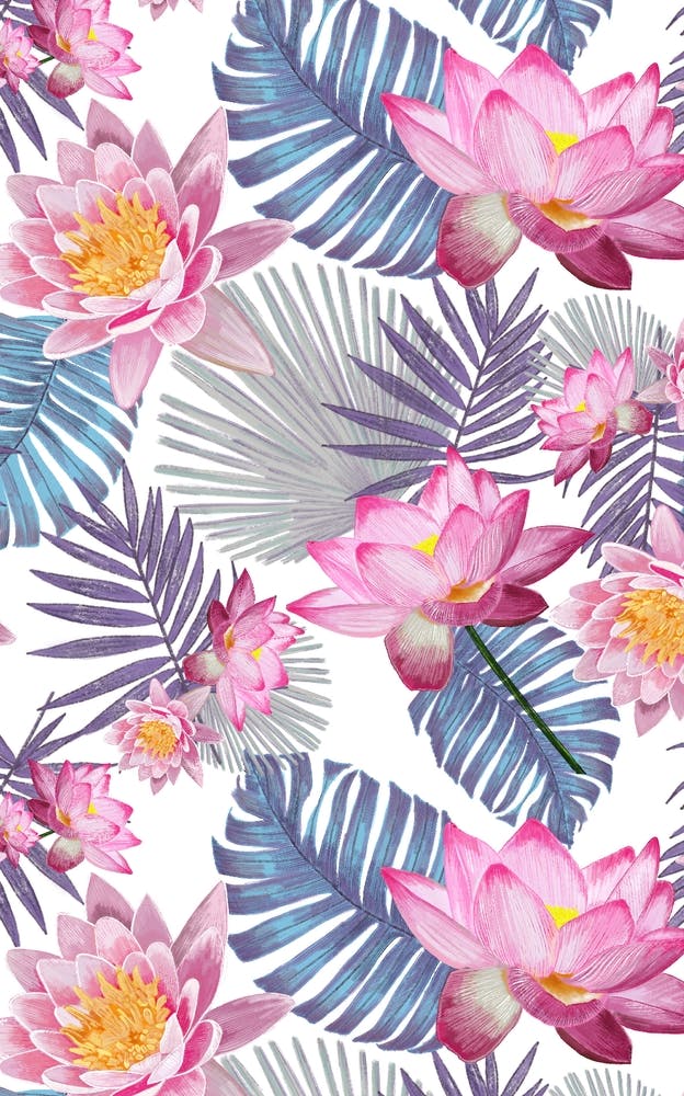 Hand Drawn Pink Lotus Flower And Botanical Leaves Pattern