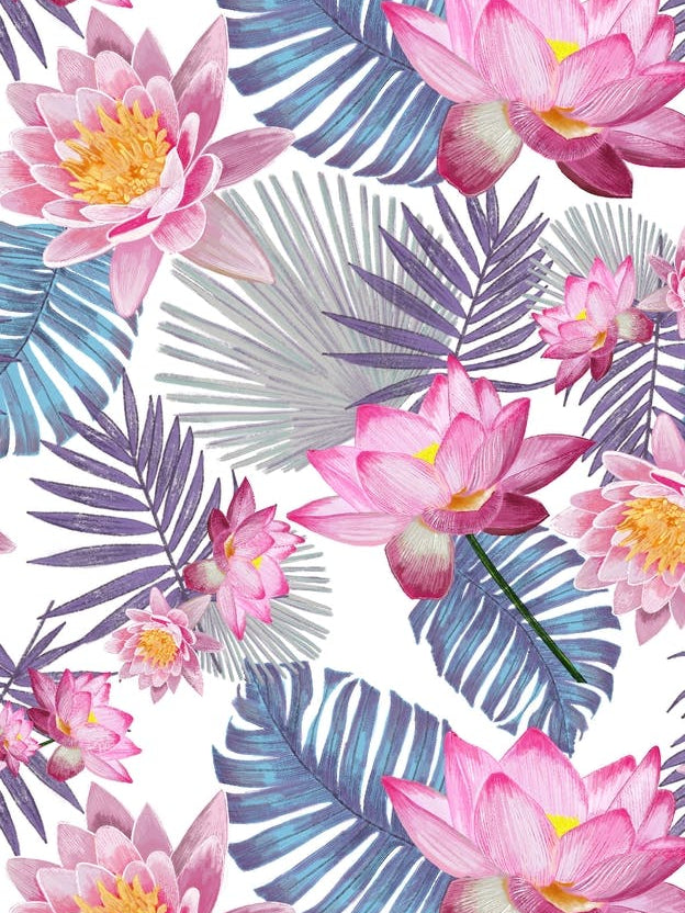 Hand Drawn Pink Lotus Flower And Botanical Leaves Pattern