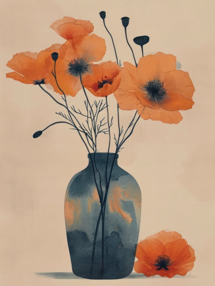 Poppies in a Vase. Japanese Floral Watercolor 