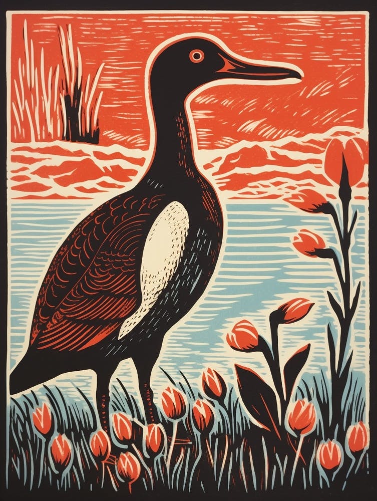 Vintage Bird Linocut Canvasback 1