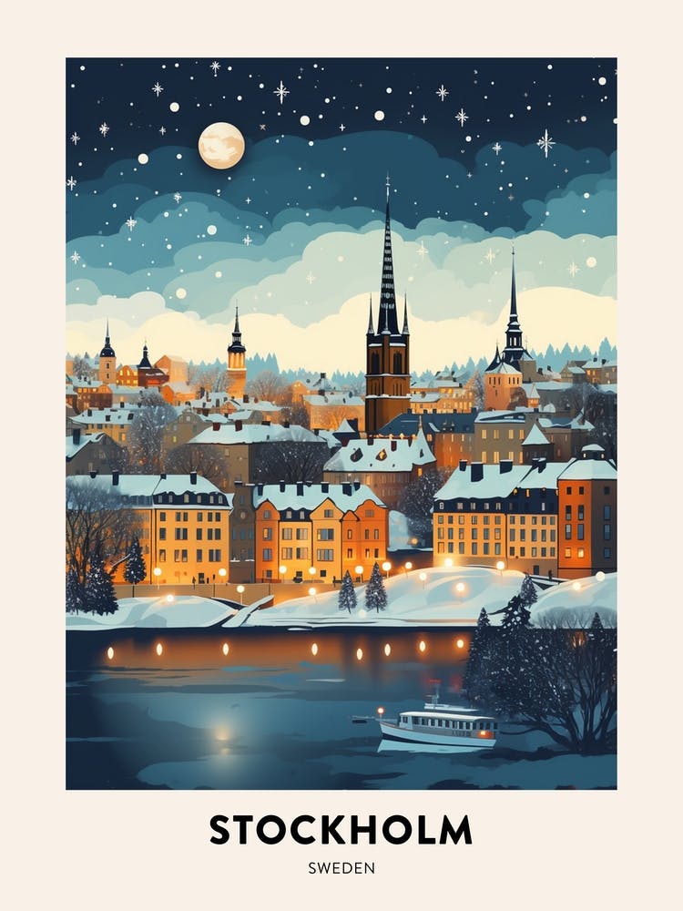 Winter Night  Travel Poster Stockholm Sweden 2