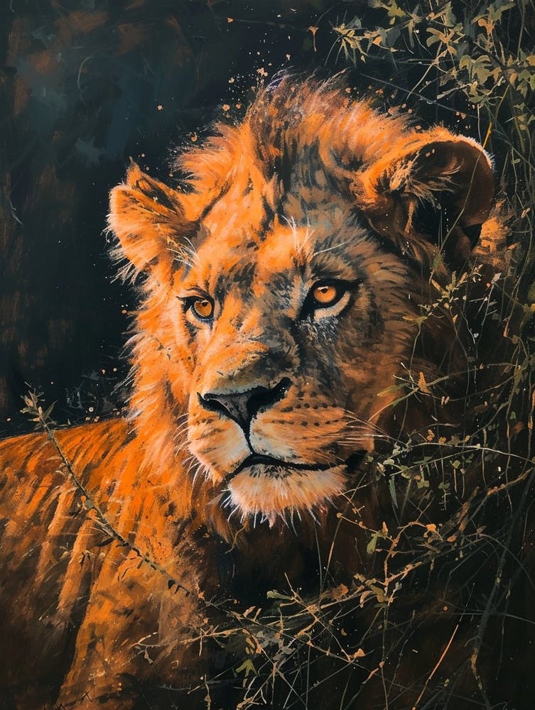 Barbary Lion Night Hunt Acrylic Painting 2