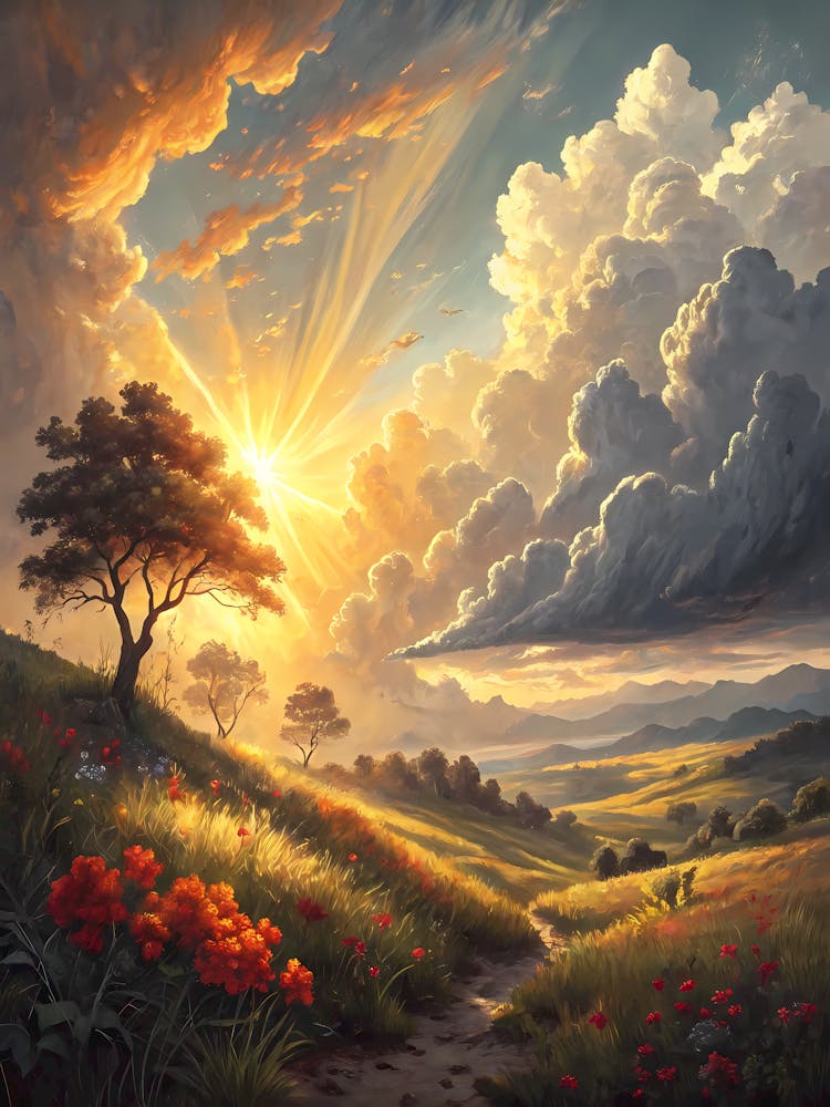 Oil Painting Style Luminous Heavenly Landscape Glowing Sunset Over Rolling Hills and Flowers