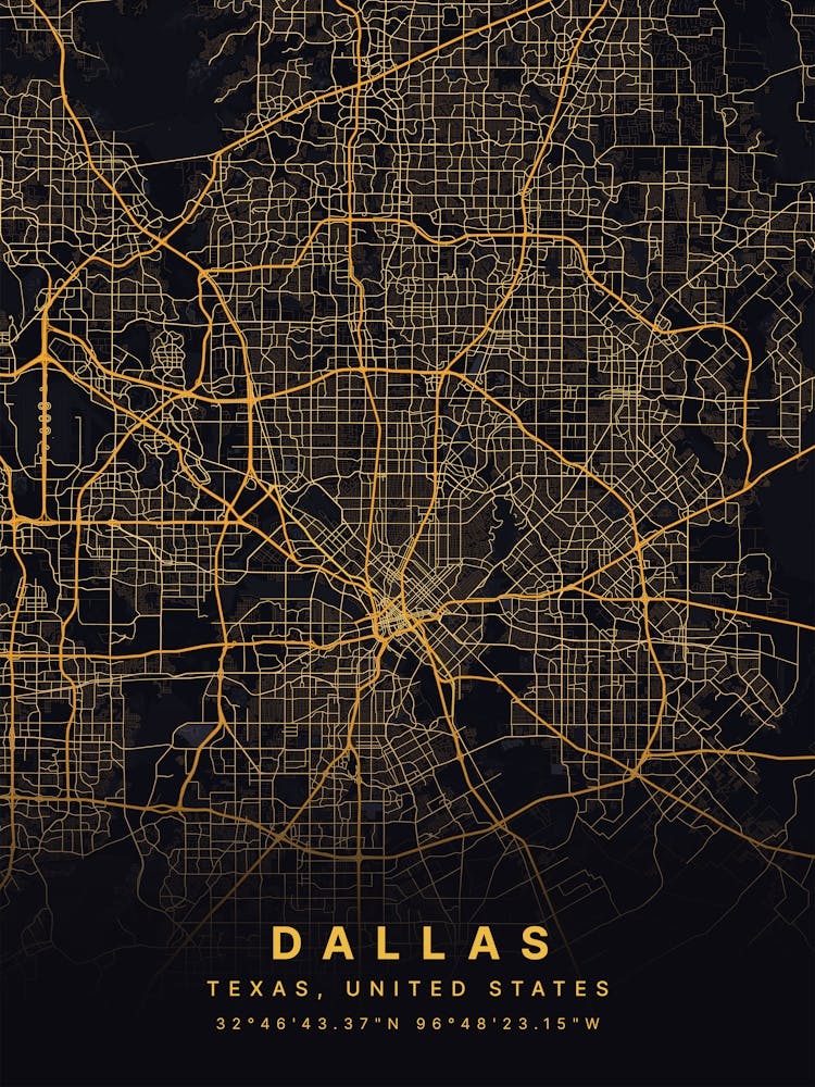 Dallas Texas USA Black And Gold Map