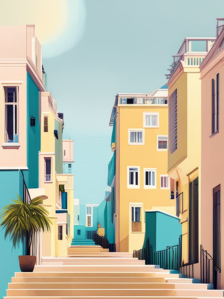 Abstract Pastel Muted Tones Steps Village Summer Street Pink Yellow Blues