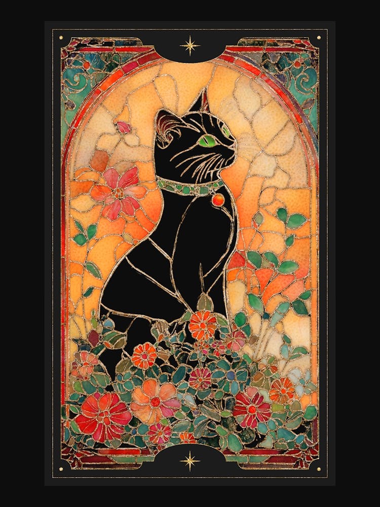 Alphonse Mucha-inspired black cat and ornate florals with gold accents in a dark cottagecore aesthetic with stained glass effect, Art Nouveau style witchy artwork perfect for libraries, vintage-themed rooms, moody interior 2