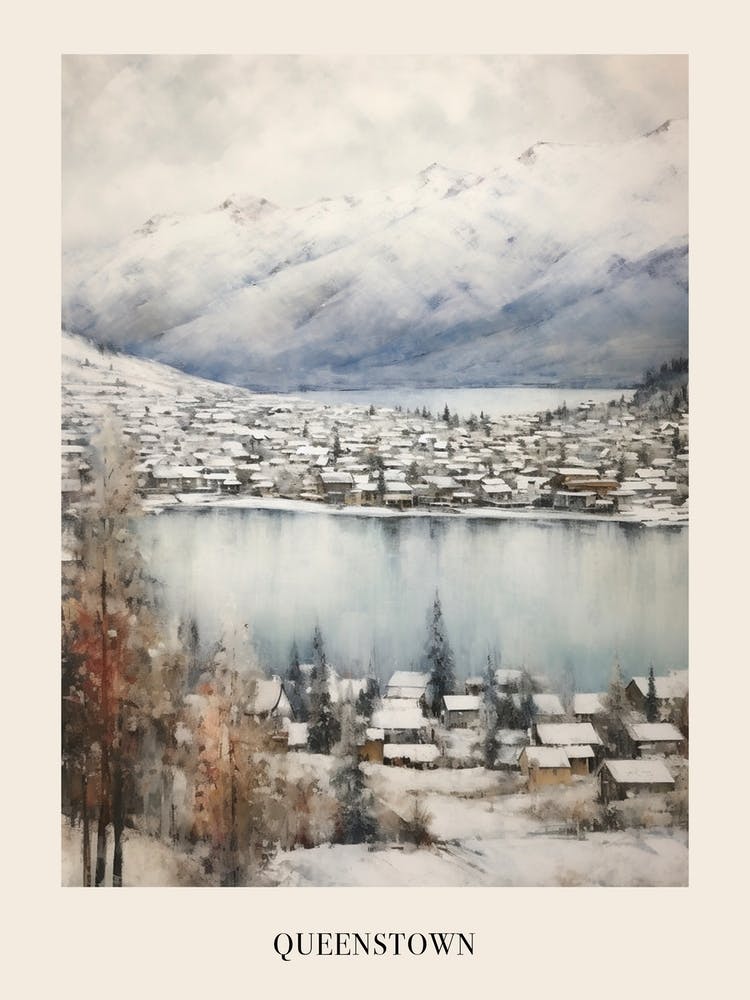 Vintage Winter Painting Poster Queenstown New Zealand 1