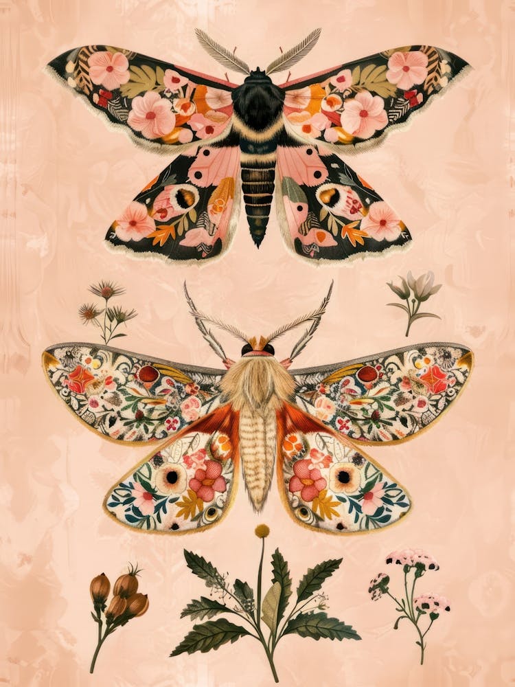 Pink Botanical Butterflies William Morris Style 6