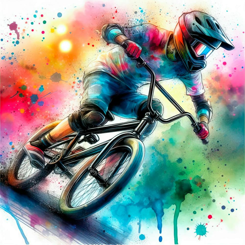 Vibrant Art Of A Cycling Bmx Racing Player In Action With Watercolor Splashes And Ink Drops