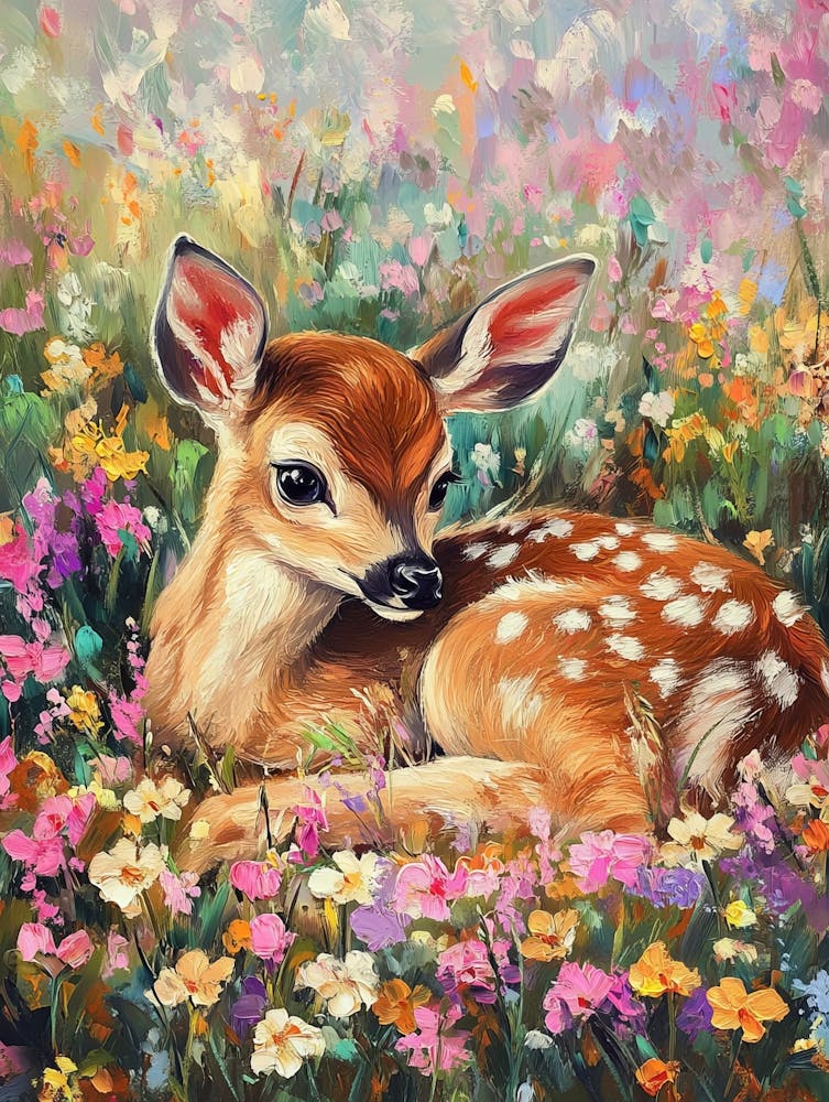 Oil Painting Of Young Deer In Wild Landscape With Spring Or Summer Colorful Flowers
