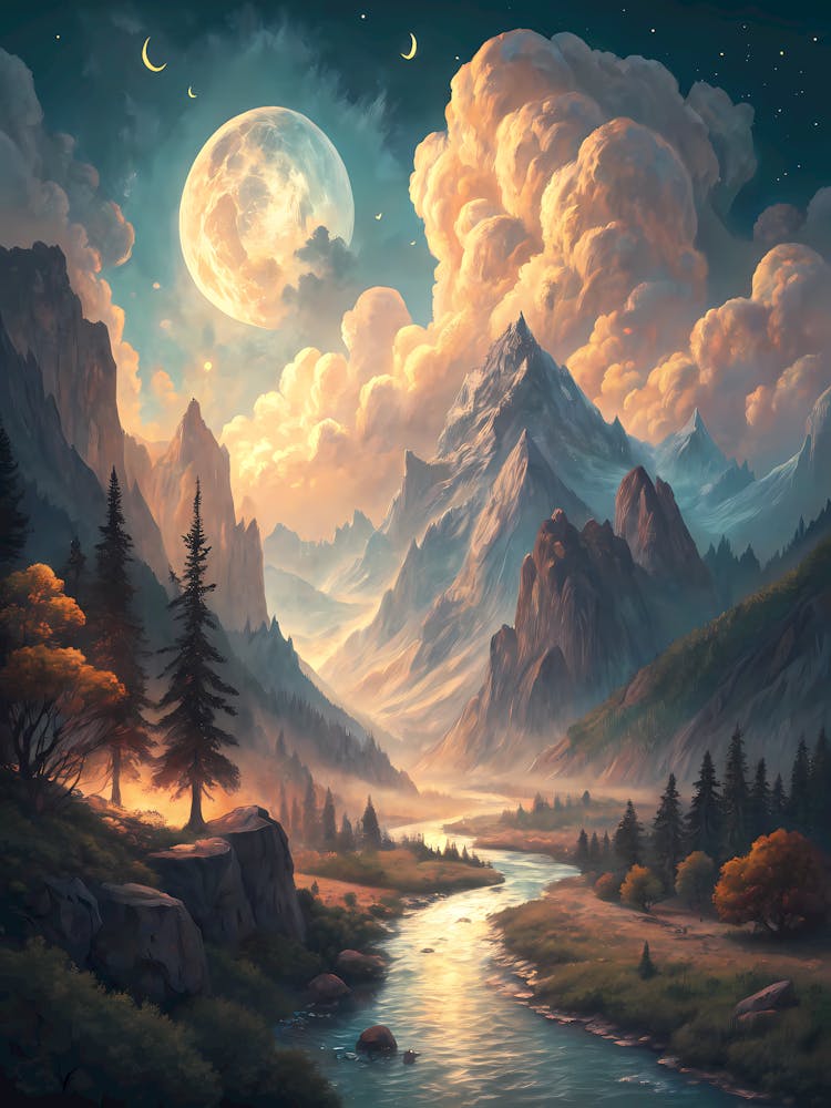 Mystical Dreamscape of Towering Mountains Oil Painting Style